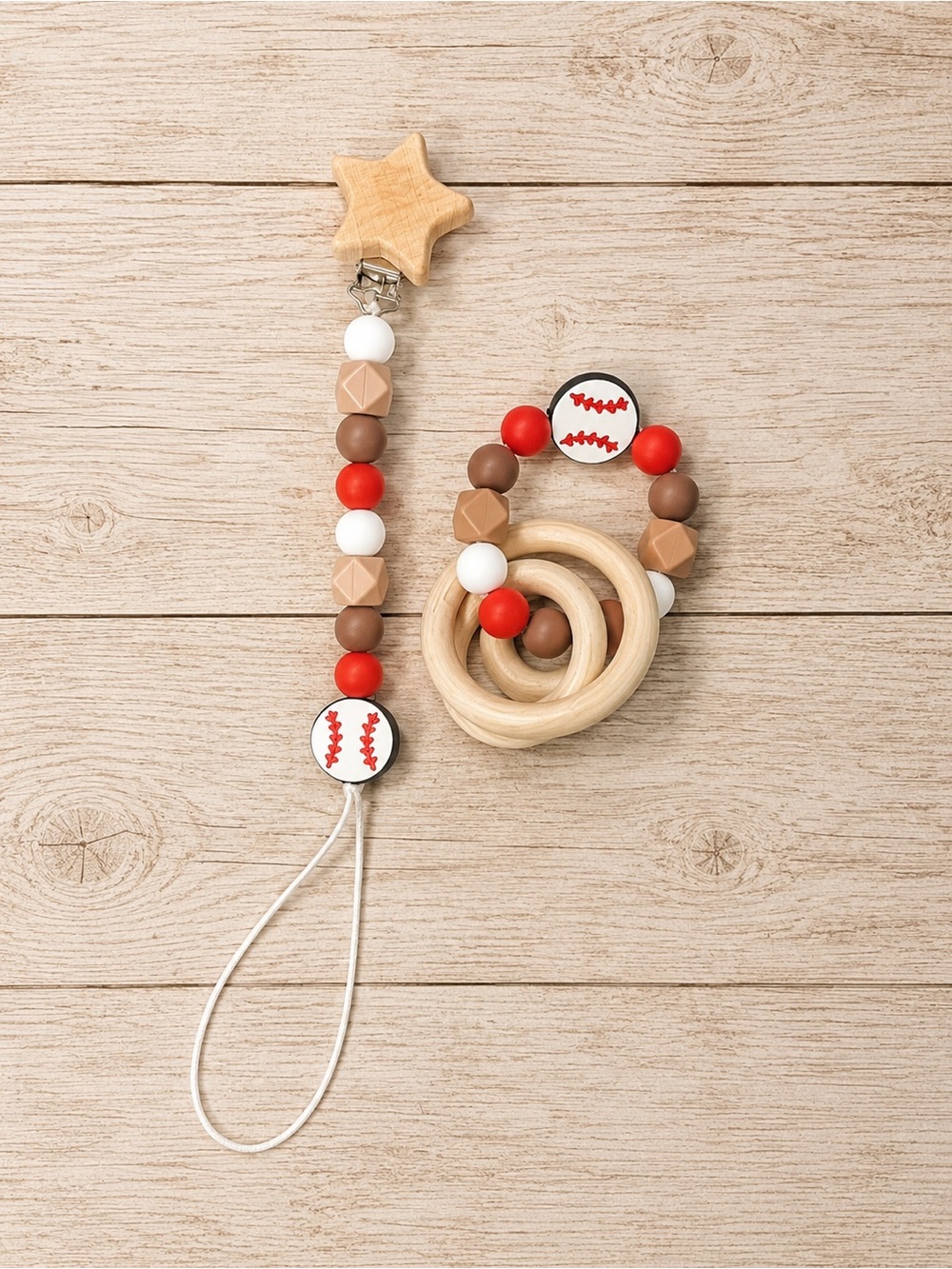 Baseball Wooden Baby Teether & Pacifier Clip Set